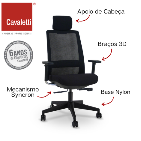 Presidente Giratória C4  / Syncron / Braços 3D / Base Nylon / Apoio de cabeça